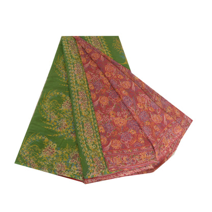 Sanskriti Vintage Sarees Red/Green 100% Pure Silk Printed Sari 5yd Craft Sustainable Fabric