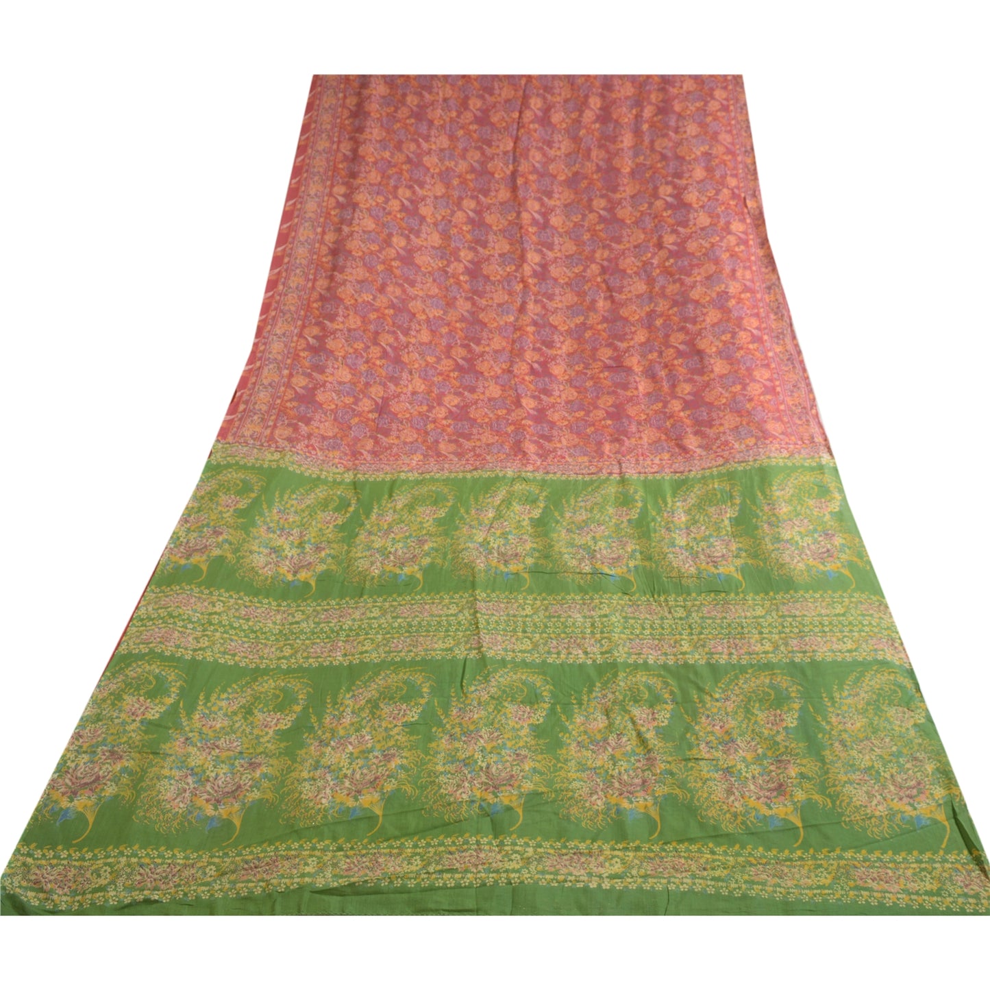 Sanskriti Vintage Sarees Red/Green 100% Pure Silk Printed Sari 5yd Craft Sustainable Fabric