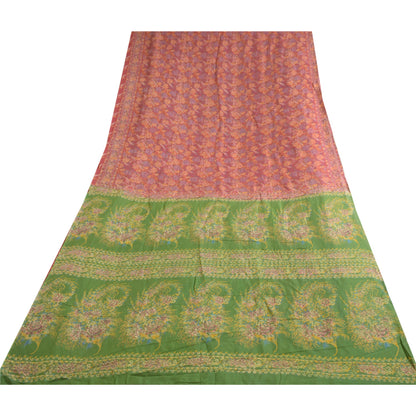 Sanskriti Vintage Sarees Red/Green 100% Pure Silk Printed Sari 5yd Craft Sustainable Fabric