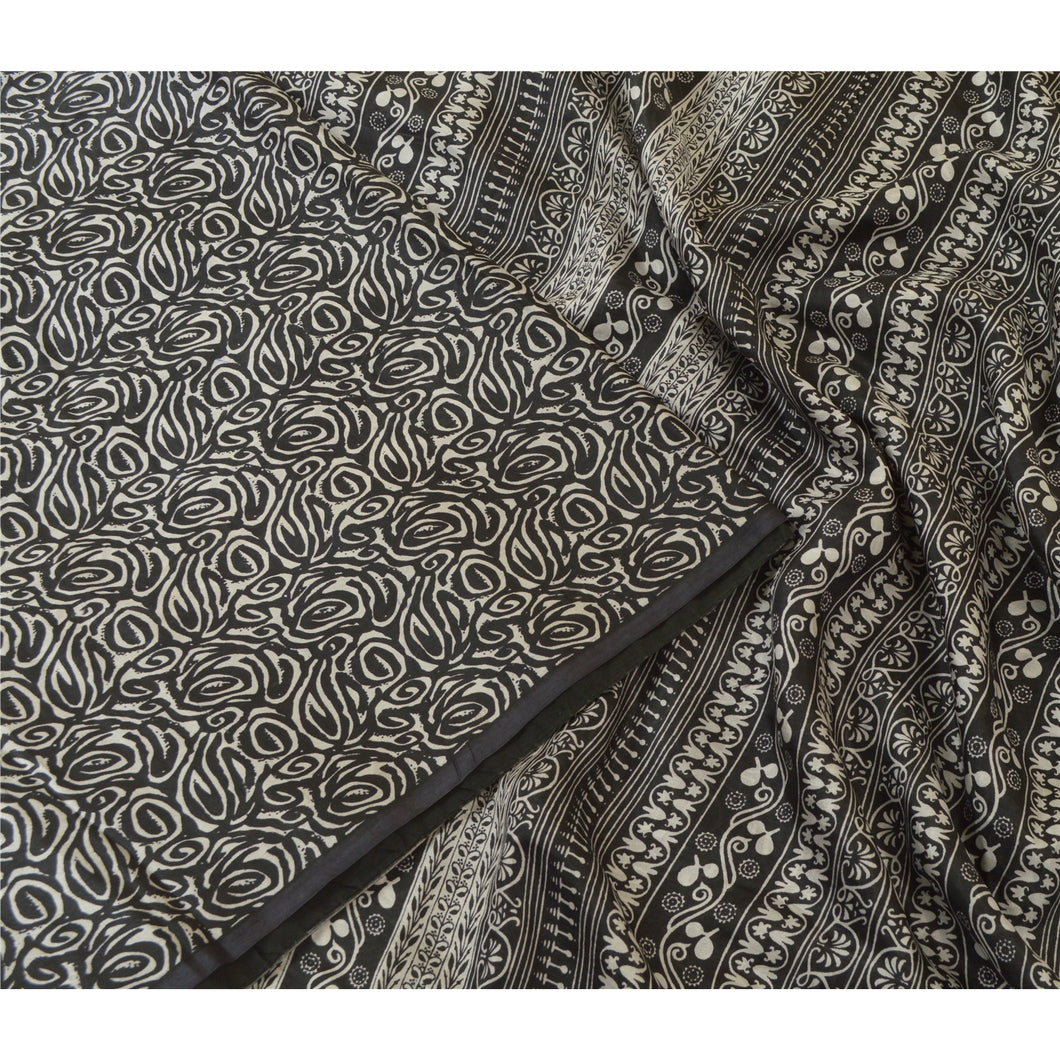 Sanskriti Vintage Sarees Indian Black Pure Silk Printed Sari Floral Craft Fabric