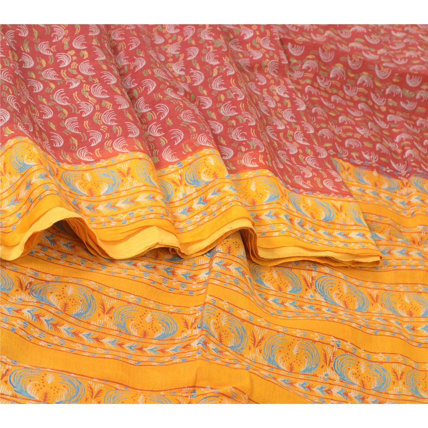 Sanskriti Vintage Sarees Red/Yellow Pure Silk Printed Sari Floral Craft Sustainable Fabric