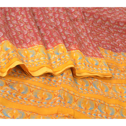 Sanskriti Vintage Sarees Red/Yellow Pure Silk Printed Sari Floral Craft Sustainable Fabric