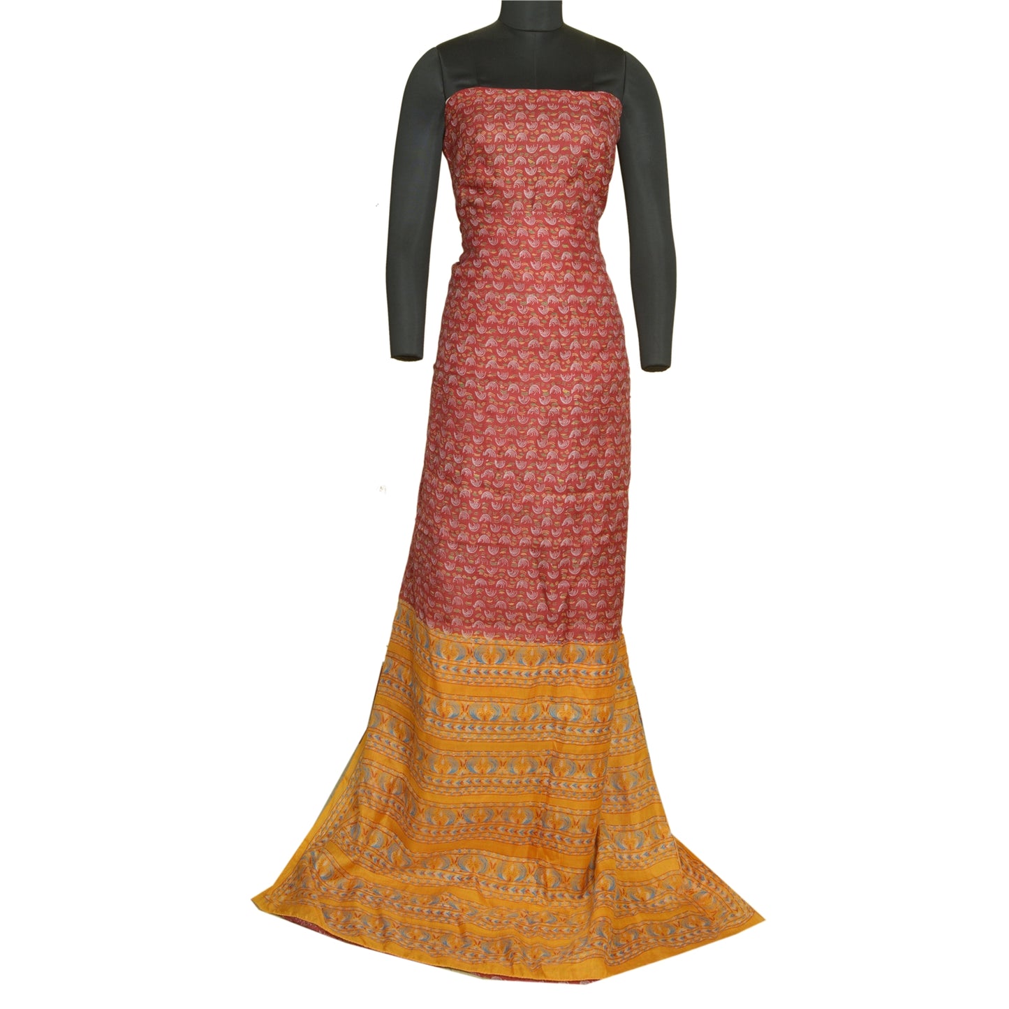 Sanskriti Vintage Sarees Red/Yellow Pure Silk Printed Sari Floral Craft Sustainable Fabric