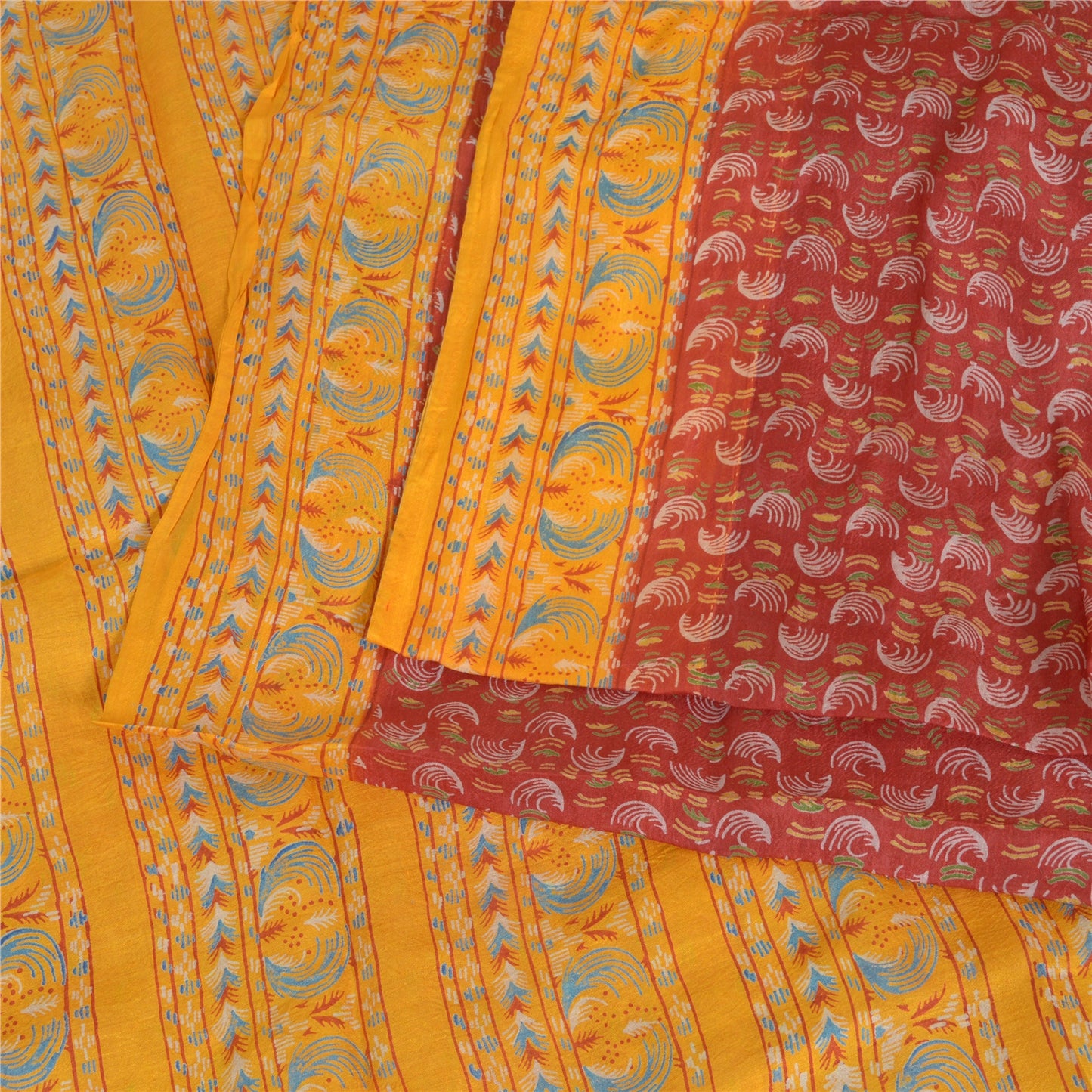 Sanskriti Vintage Sarees Red/Yellow Pure Silk Printed Sari Floral Craft Sustainable Fabric