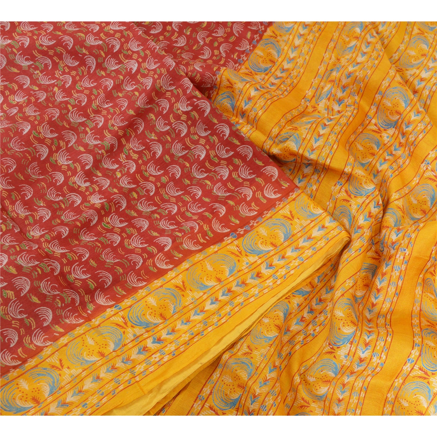 Sanskriti Vintage Sarees Red/Yellow Pure Silk Printed Sari Floral Craft Sustainable Fabric