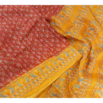 Sanskriti Vintage Sarees Red/Yellow Pure Silk Printed Sari Floral Craft Sustainable Fabric