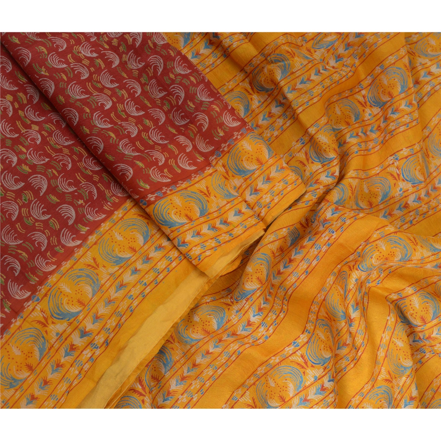 Sanskriti Vintage Sarees Red/Yellow Pure Silk Printed Sari Floral Craft Sustainable Fabric