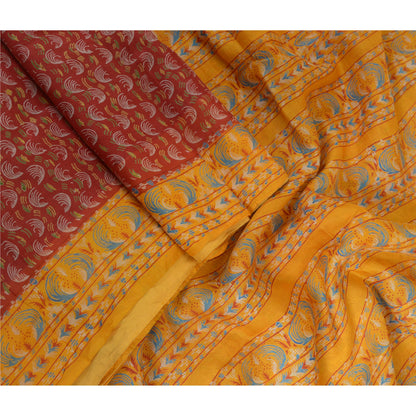 Sanskriti Vintage Sarees Red/Yellow Pure Silk Printed Sari Floral Craft Sustainable Fabric