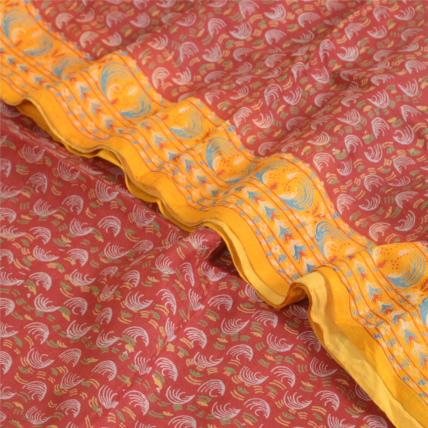 Sanskriti Vintage Sarees Red/Yellow Pure Silk Printed Sari Floral Craft Sustainable Fabric