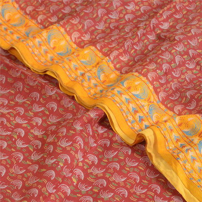 Sanskriti Vintage Sarees Red/Yellow Pure Silk Printed Sari Floral Craft Sustainable Fabric