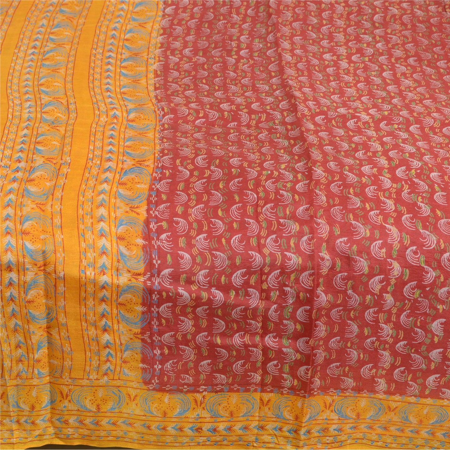 Sanskriti Vintage Sarees Red/Yellow Pure Silk Printed Sari Floral Craft Sustainable Fabric