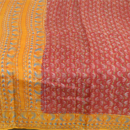 Sanskriti Vintage Sarees Red/Yellow Pure Silk Printed Sari Floral Craft Sustainable Fabric