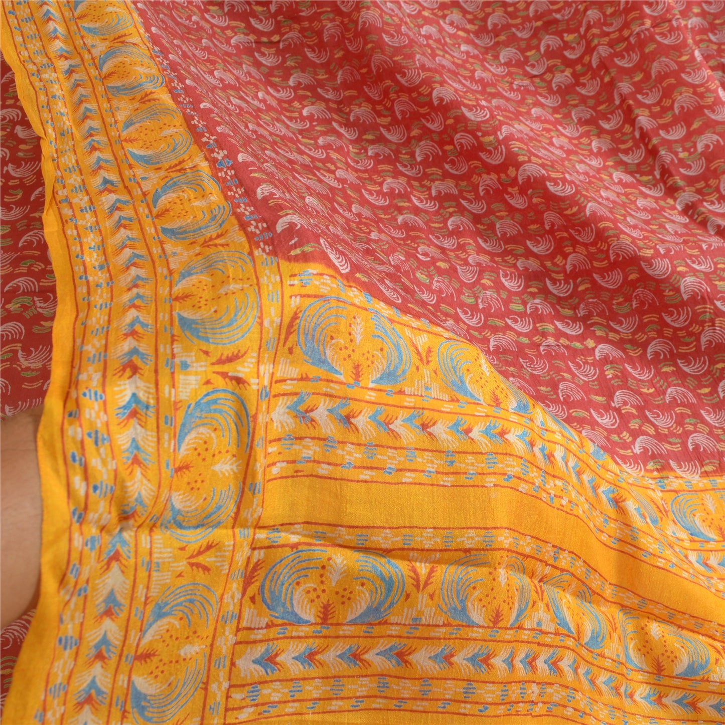 Sanskriti Vintage Sarees Red/Yellow Pure Silk Printed Sari Floral Craft Sustainable Fabric