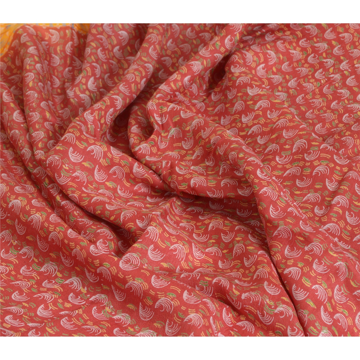 Sanskriti Vintage Sarees Red/Yellow Pure Silk Printed Sari Floral Craft Sustainable Fabric