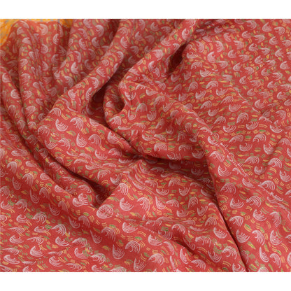 Sanskriti Vintage Sarees Red/Yellow Pure Silk Printed Sari Floral Craft Sustainable Fabric