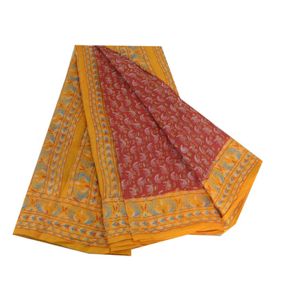 Sanskriti Vintage Sarees Red/Yellow Pure Silk Printed Sari Floral Craft Sustainable Fabric