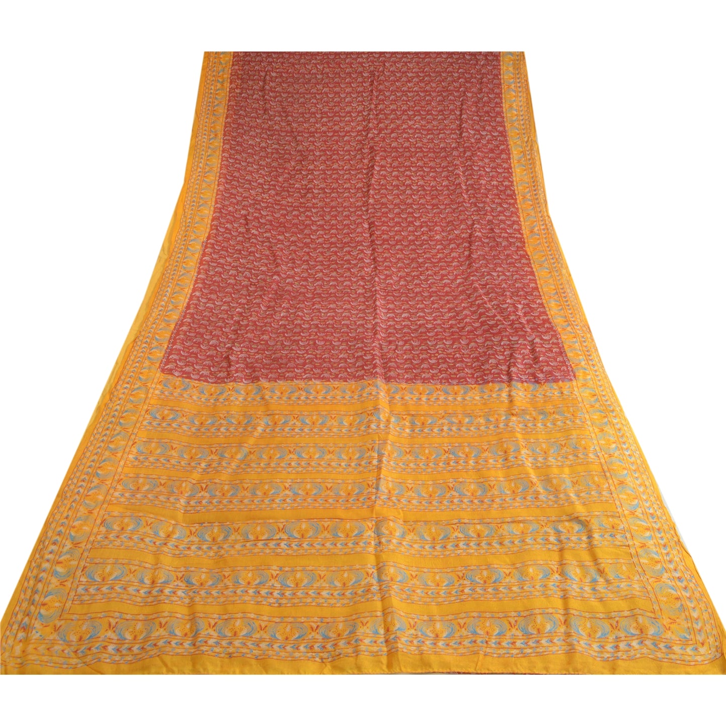 Sanskriti Vintage Sarees Red/Yellow Pure Silk Printed Sari Floral Craft Sustainable Fabric