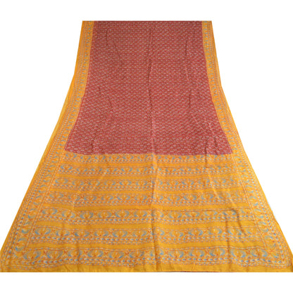 Sanskriti Vintage Sarees Red/Yellow Pure Silk Printed Sari Floral Craft Sustainable Fabric