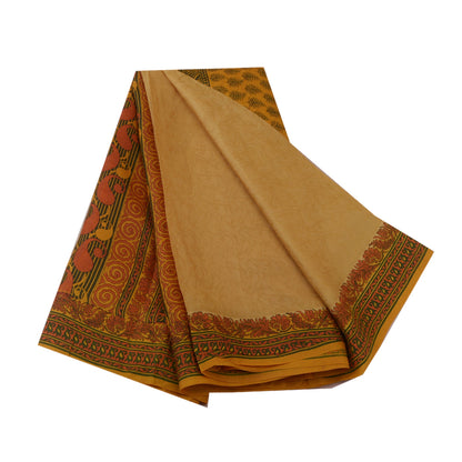 Sanskriti Vintage Sarees Saffron Woven/Printed Pure Silk Sari 5yd Craft Sustainable Fabric