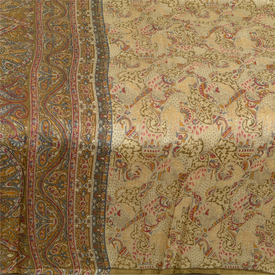 Sanskriti Vintage Sarees From India Cream Printed Pure Silk Sari Craft Fabric