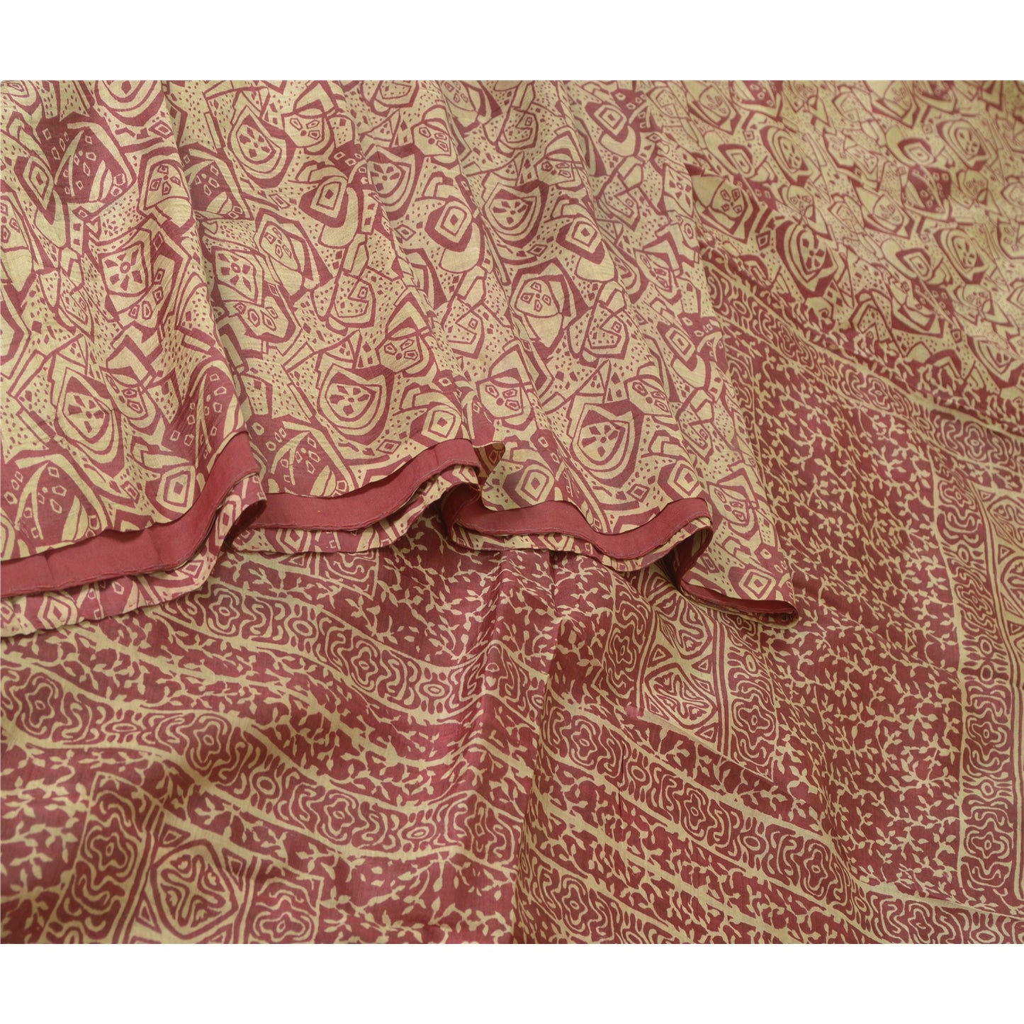Sanskriti Vintage Sarees From India Cream/Red Pure Silk Print Sari Craft Sustainable Fabric