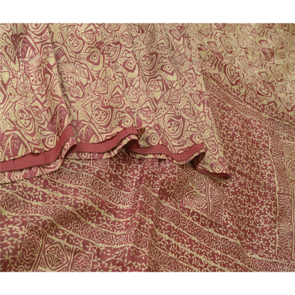Sanskriti Vintage Sarees From India Cream/Red Pure Silk Print Sari Craft Sustainable Fabric