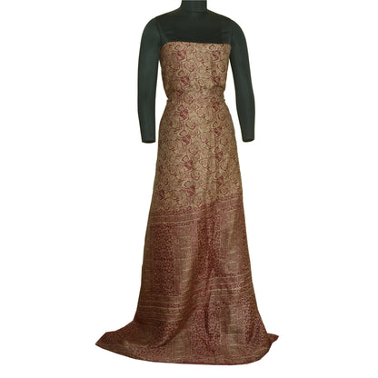 Sanskriti Vintage Sarees From India Cream/Red Pure Silk Print Sari Craft Sustainable Fabric