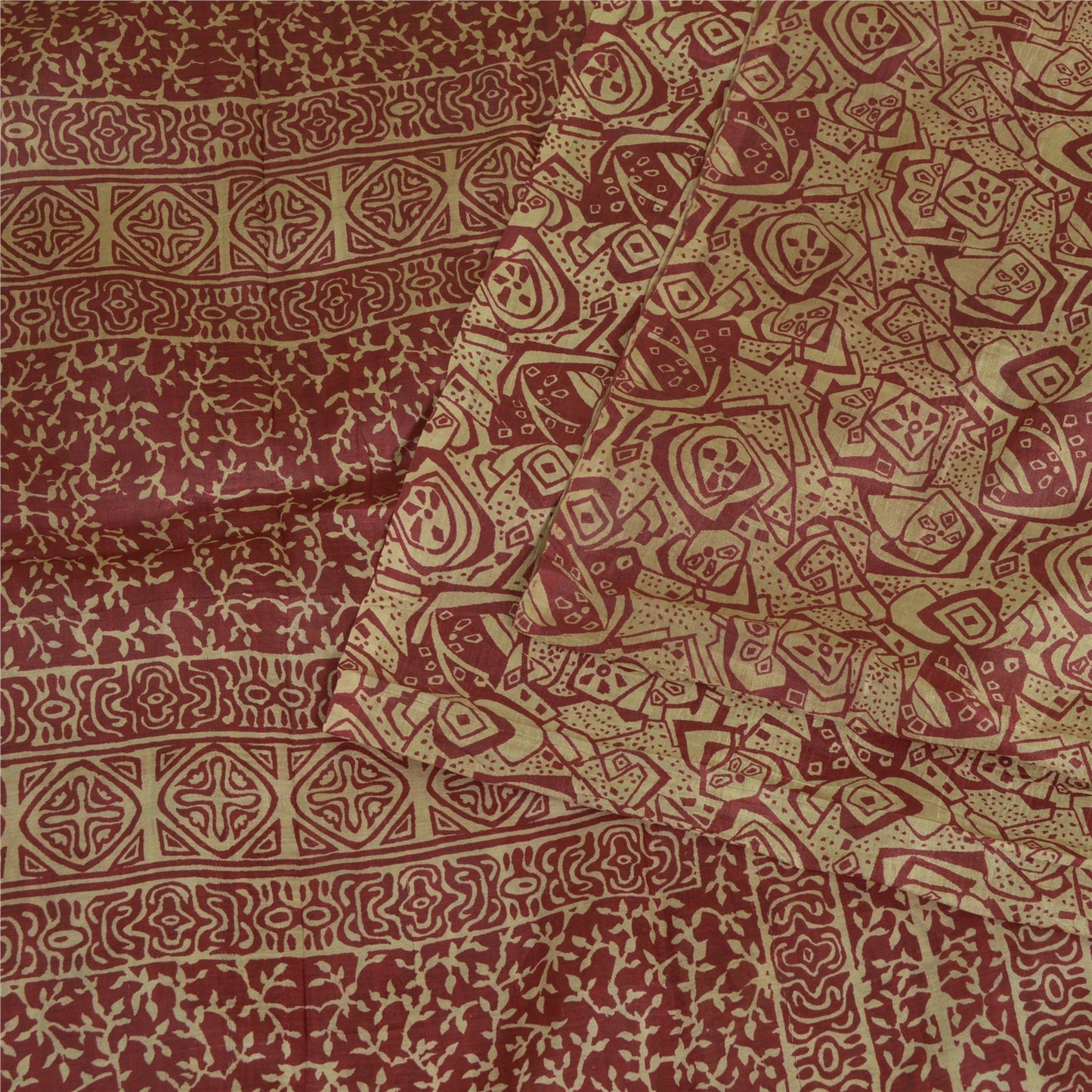 Sanskriti Vintage Sarees From India Cream/Red Pure Silk Print Sari Craft Sustainable Fabric