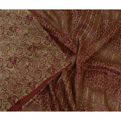 Sanskriti Vintage Sarees From India Cream/Red Pure Silk Print Sari Craft Sustainable Fabric