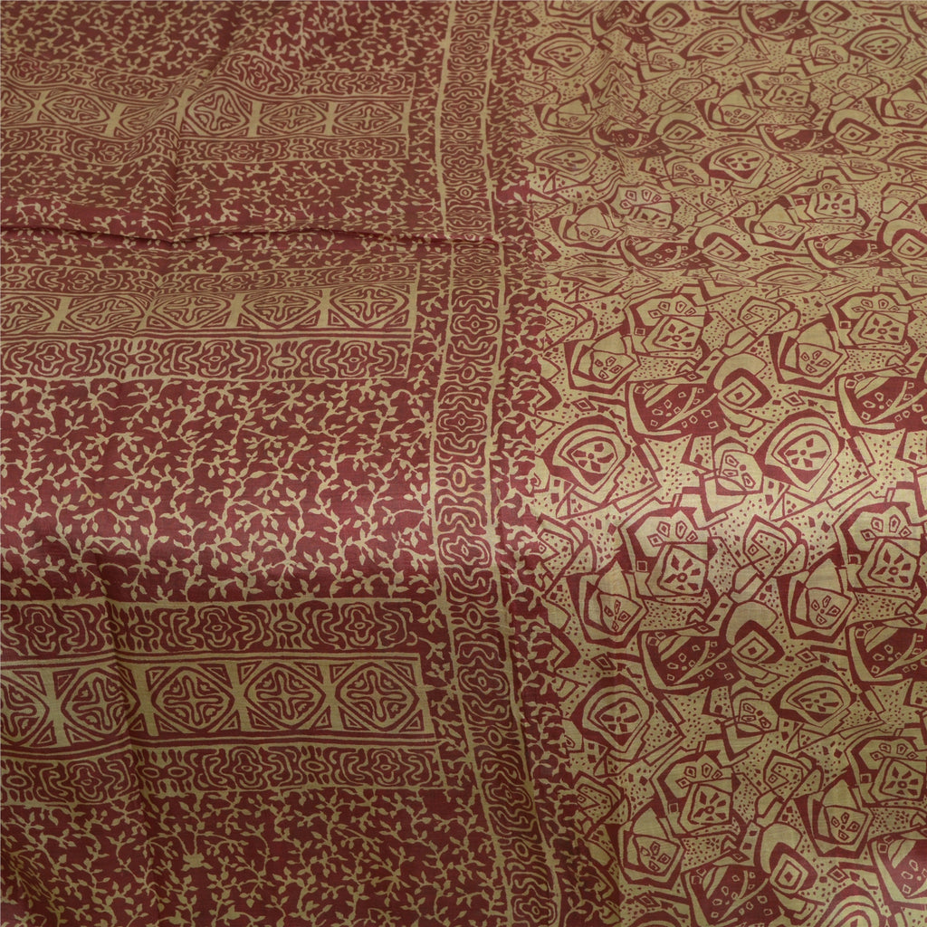 Sanskriti Vintage Sarees From India Cream/Red Pure Silk Print Sari Craft Sustainable Fabric