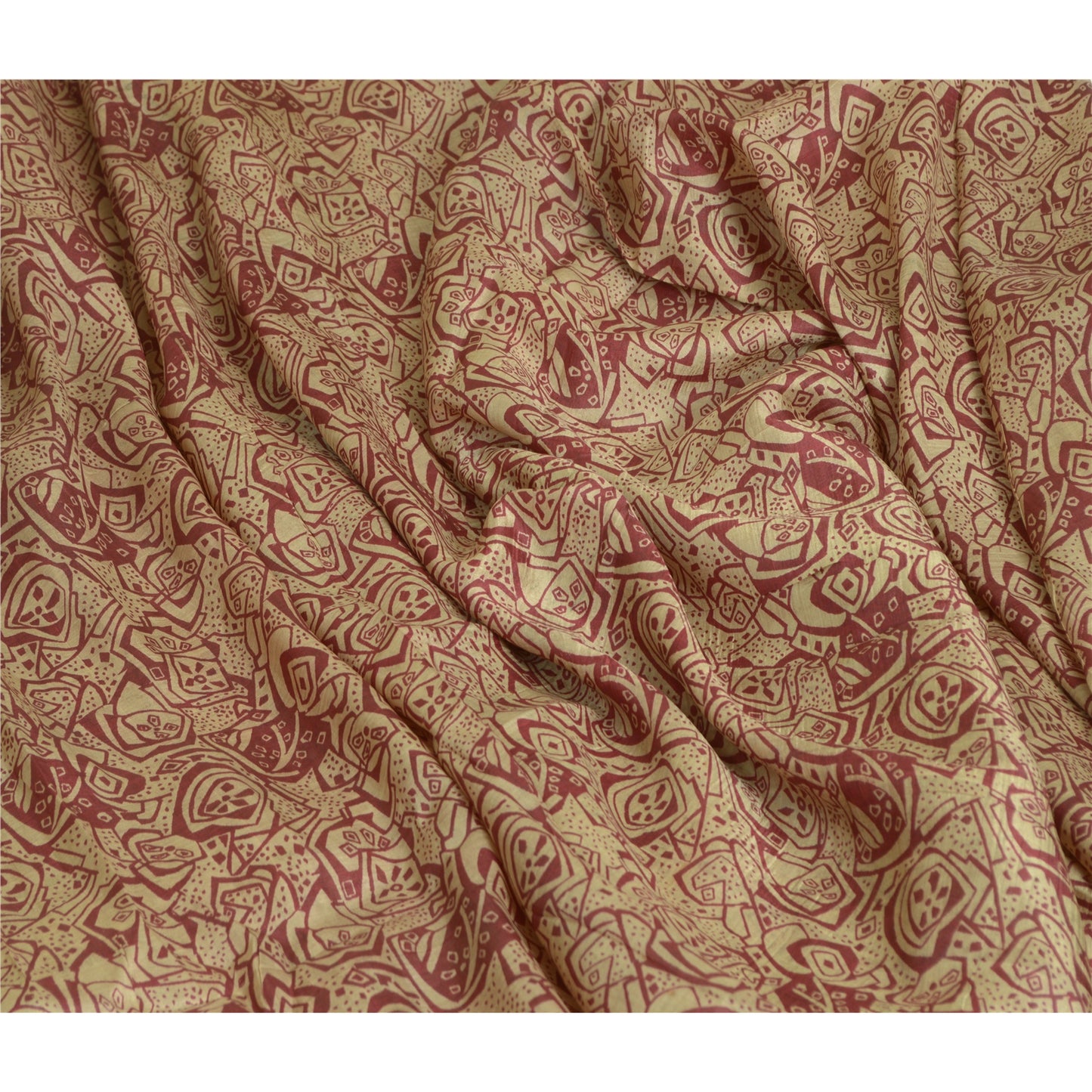 Sanskriti Vintage Sarees From India Cream/Red Pure Silk Print Sari Craft Sustainable Fabric