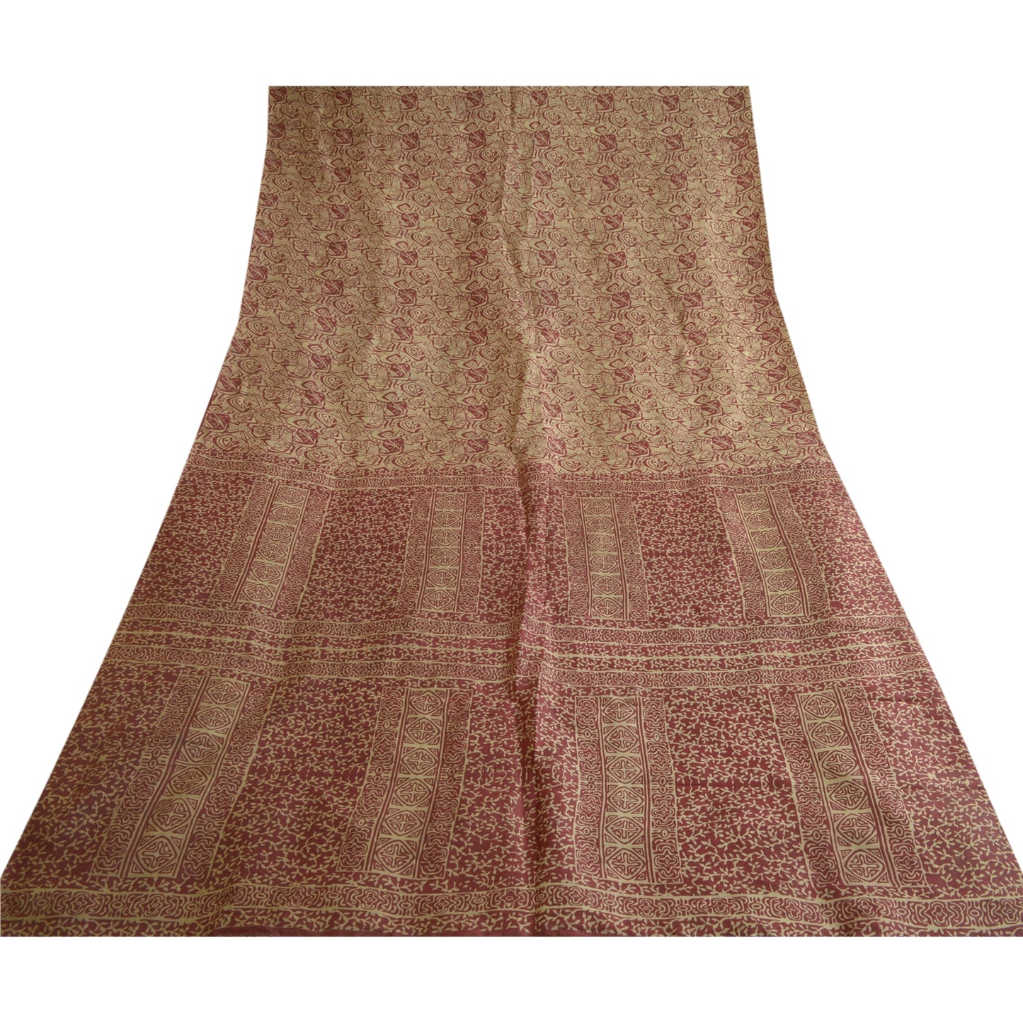 Sanskriti Vintage Sarees From India Cream/Red Pure Silk Print Sari Craft Sustainable Fabric
