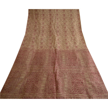 Sanskriti Vintage Sarees From India Cream/Red Pure Silk Print Sari Craft Sustainable Fabric
