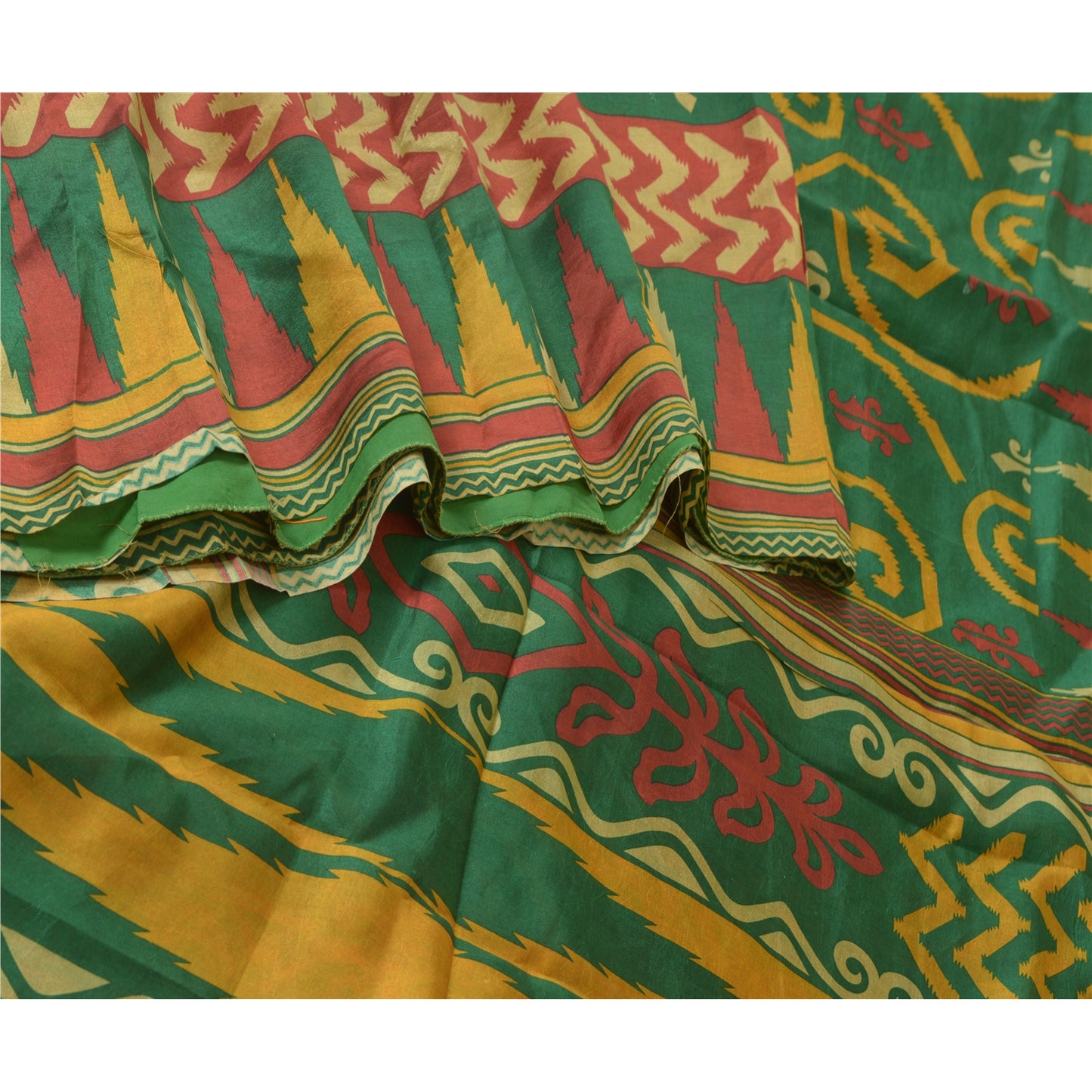 Sanskriti Vintage Sarees Green 100% Pure Silk Printed Sari Floral Craft Sustainable Fabric