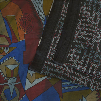 Sanskriti Vintage Sarees From India Black Pure Silk Printed Sari Craft Sustainable Fabric