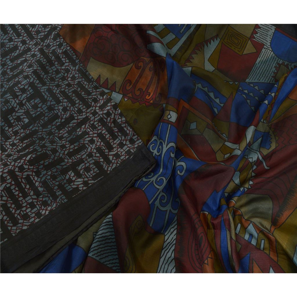 Sanskriti Vintage Sarees From India Black Pure Silk Printed Sari Craft Sustainable Fabric