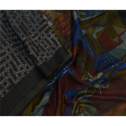 Sanskriti Vintage Sarees From India Black Pure Silk Printed Sari Craft Sustainable Fabric