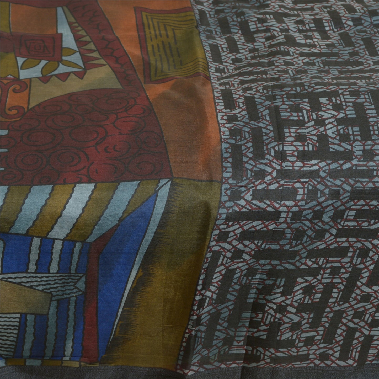 Sanskriti Vintage Sarees From India Black Pure Silk Printed Sari Craft Sustainable Fabric