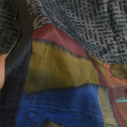 Sanskriti Vintage Sarees From India Black Pure Silk Printed Sari Craft Sustainable Fabric
