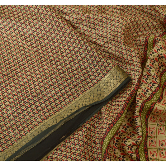 Sanskriti Vintage Sarees Cream Pure Silk Zari Border Printed Sari Craft Sustainable Fabric