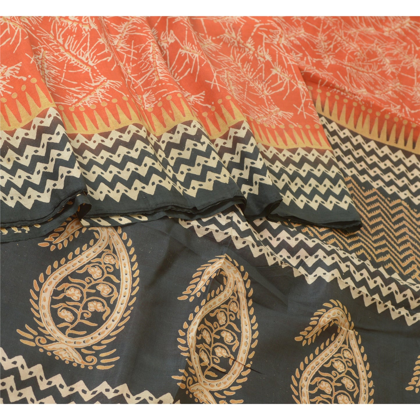 Sanskriti Vintage Sarees Orange/Black 100% Pure Silk Printed Sari Craft Sustainable Fabric