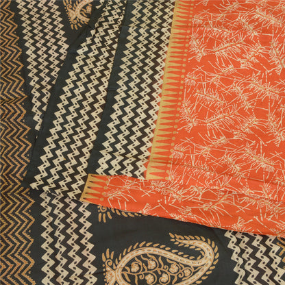 Sanskriti Vintage Sarees Orange/Black 100% Pure Silk Printed Sari Craft Sustainable Fabric