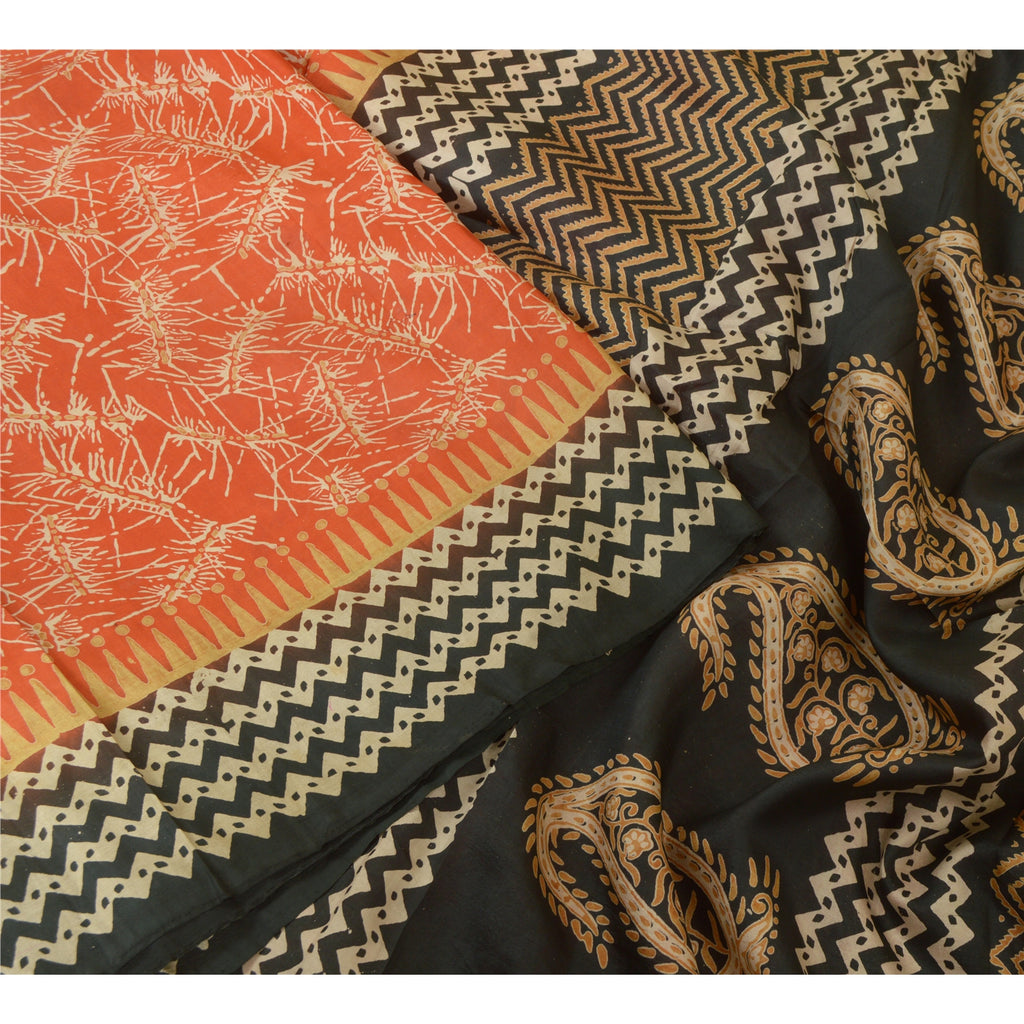 Sanskriti Vintage Sarees Orange/Black 100% Pure Silk Printed Sari Craft Sustainable Fabric