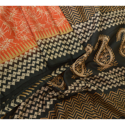 Sanskriti Vintage Sarees Orange/Black 100% Pure Silk Printed Sari Craft Sustainable Fabric