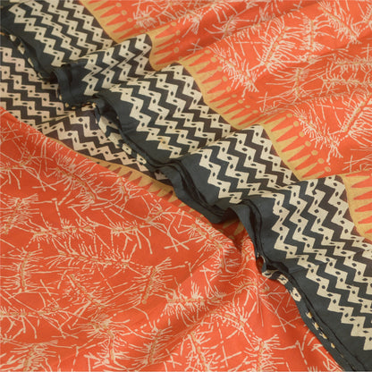 Sanskriti Vintage Sarees Orange/Black 100% Pure Silk Printed Sari Craft Sustainable Fabric