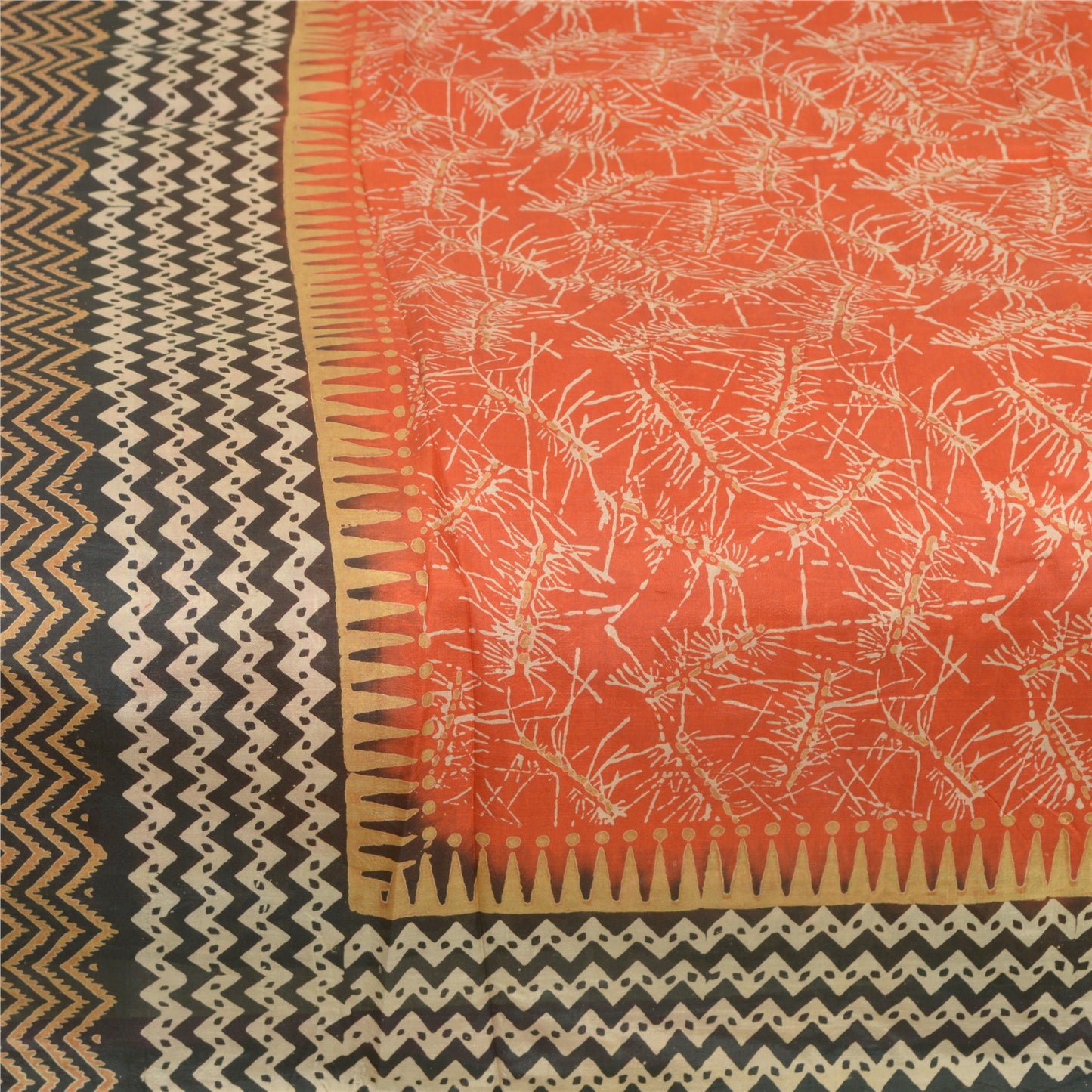 Sanskriti Vintage Sarees Orange/Black 100% Pure Silk Printed Sari Craft Sustainable Fabric
