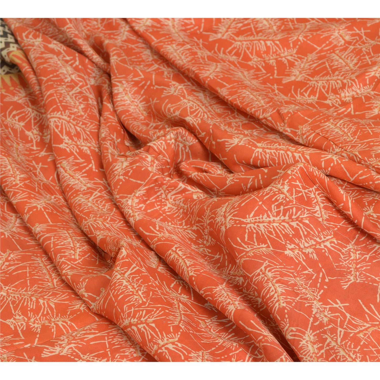 Sanskriti Vintage Sarees Orange/Black 100% Pure Silk Printed Sari Craft Sustainable Fabric