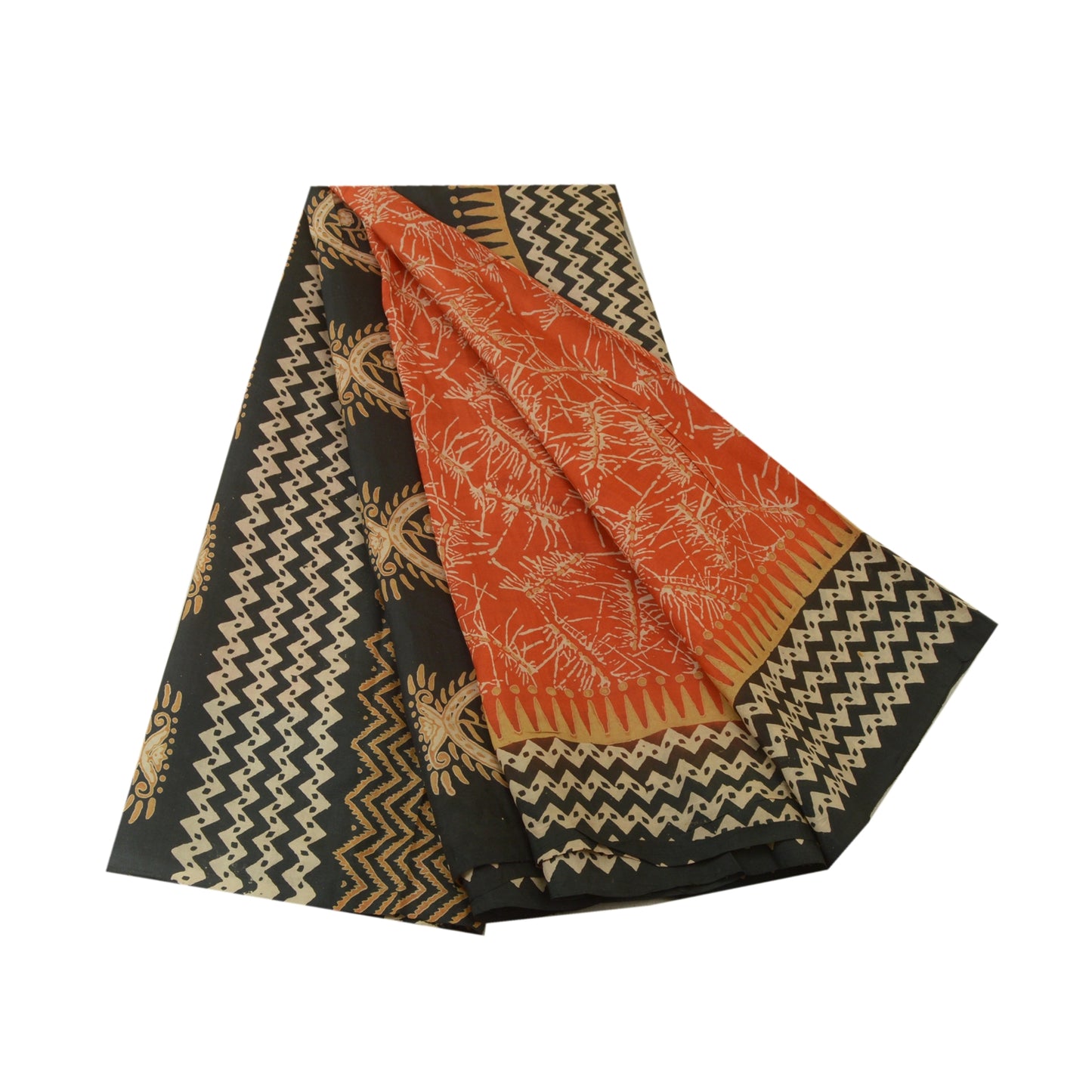 Sanskriti Vintage Sarees Orange/Black 100% Pure Silk Printed Sari Craft Sustainable Fabric