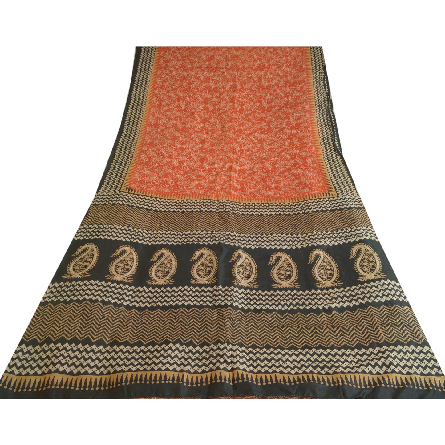 Sanskriti Vintage Sarees Orange/Black 100% Pure Silk Printed Sari Craft Sustainable Fabric