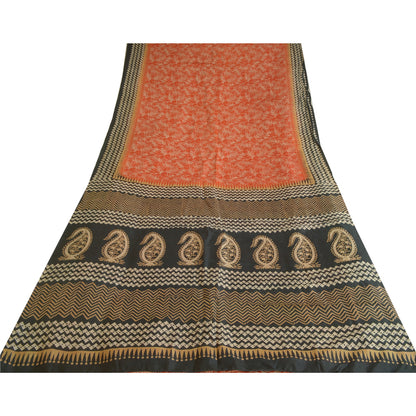 Sanskriti Vintage Sarees Orange/Black 100% Pure Silk Printed Sari Craft Sustainable Fabric